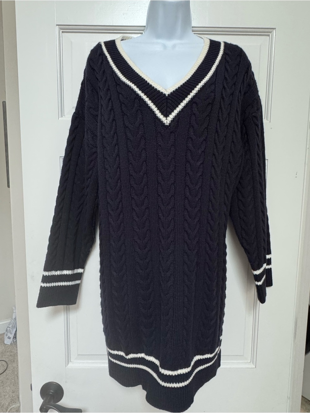 V-Neck Varsity Cable Knit Sweater Dress - Navy with Cream Trim